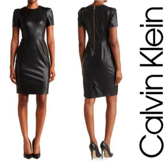 Calvin Klein Dresses & Skirts - NEW Calvin Klein Faux Leather Short Sleeve Black Dress Size 4